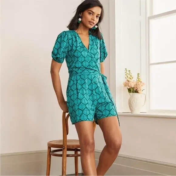 Boden Ruby Jersey Puff Sleeve Tie Waist Romper in Palm Leaf - Size US 6 Tall - Picture 1 of 11